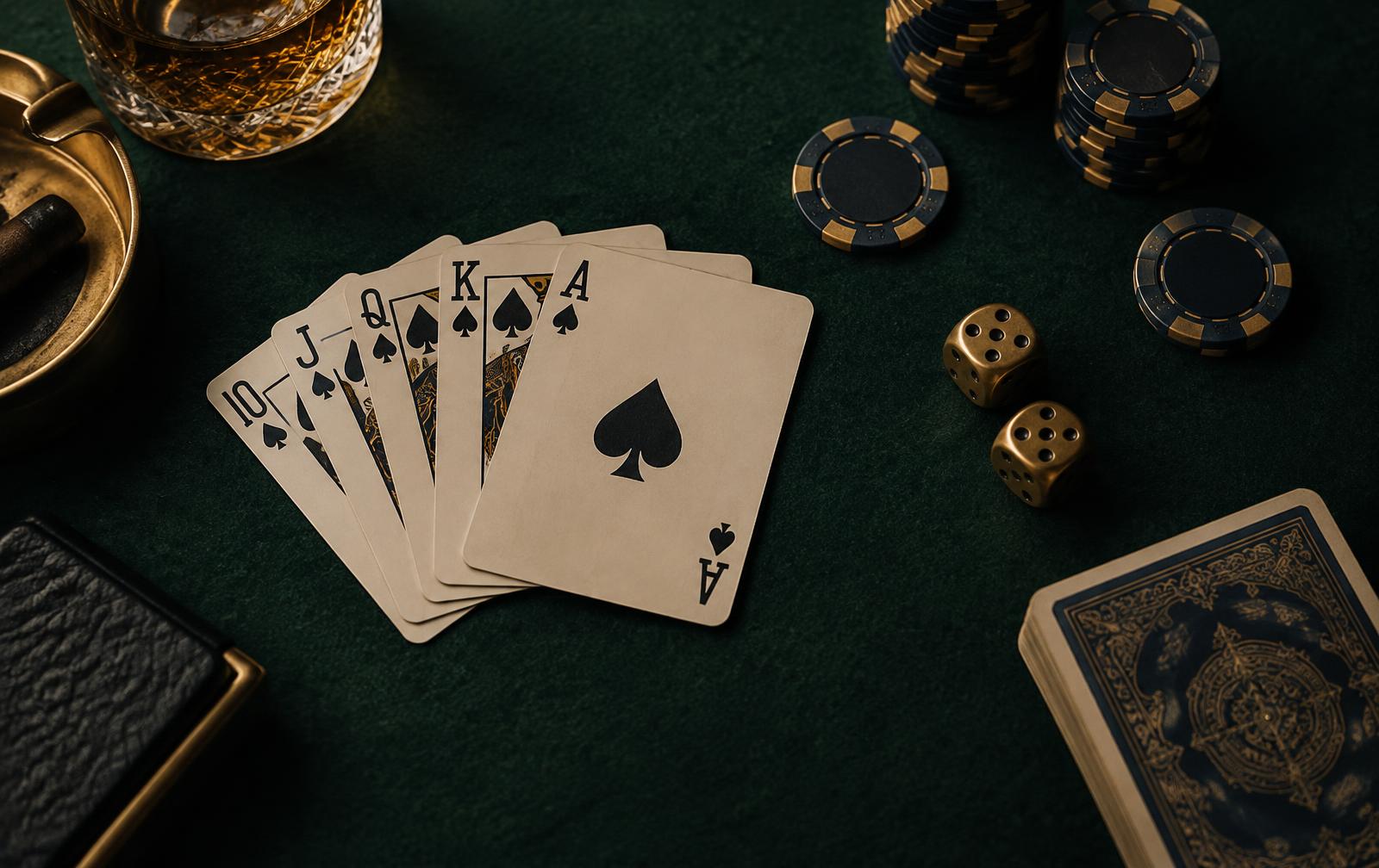 Playing cards, brass dice and casino chips arranged on a deep green felt table